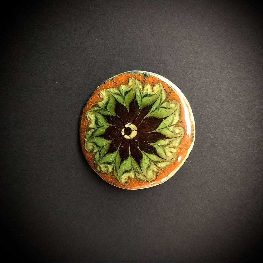Handmade Green Navy Brown Flower / Sun Geometric Brooch Pin